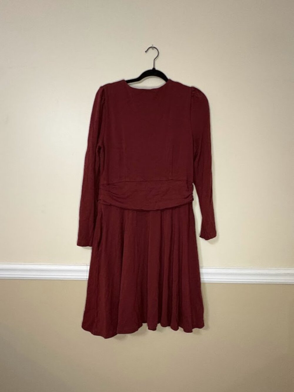 Boden Long Sleeve Swing Dress Size 12 Burgundy Midi Ruched Fit Flare